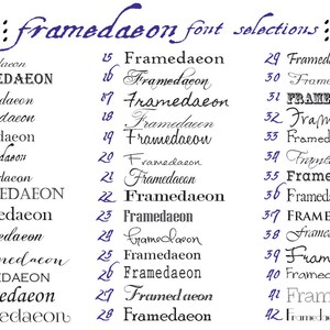 May include: A chart of 42 different font styles for the word "Framedacon" in black and purple text on a white background.