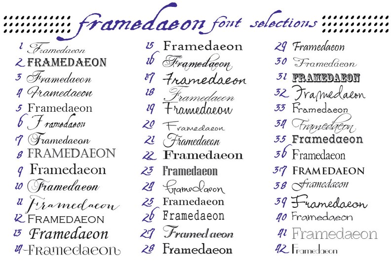 May include: A chart of 42 different font styles for the word "Framedacon" in black and purple text on a white background.