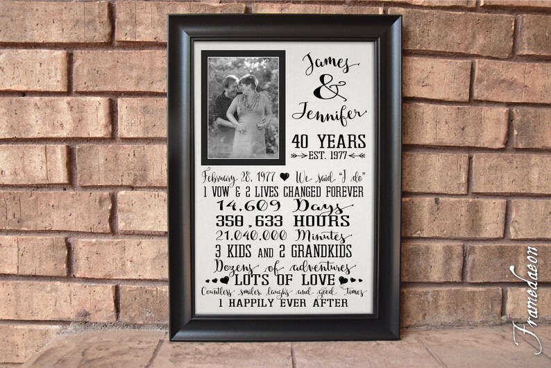 May include: A black framed print with a black and white photo of a couple. The print celebrates their 40th anniversary with the text "James & Jennifer 40 Years Est. 1977" and a list of milestones including "14,609 Days", "358,633 Hours", "21,040,000 Minutes", "3 Kids and 2 Grandkids", "Dozens of Adventures", "Lots of Love", "Countless Smiles, Laughs, and Good Times", and "1 Happily Ever After".