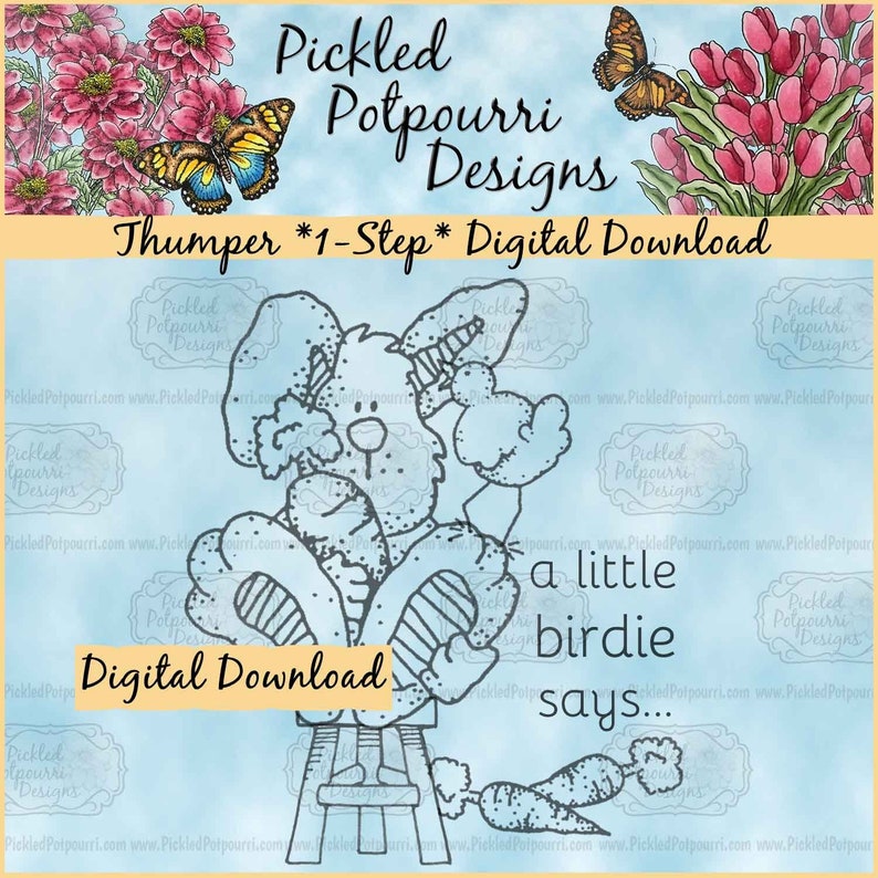 The Thumper 1-Step Digital Download features Thumper the bunny rabbit sitting on a stool, holding a carrot snack while a little bird whispers in their ear. "A little birdie told me..."