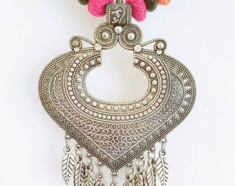 Bohemian Statement Necklace | Ethnic Silver Bib, Chunky Pendant Jewelry