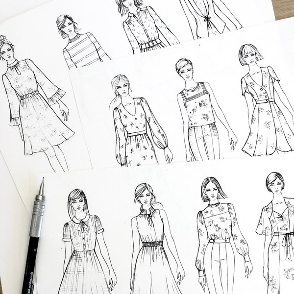 PROFESSIONAL Fashion Design Croquis Template Digital Download, Hand Sketched Female Croquis, 9 Heads, Walking Pose, Fashion Croquis Template