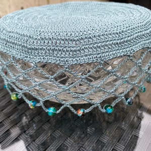 Bowl/Large Jug Cover, vintage inspired, hand crochet, colour Patina Grey