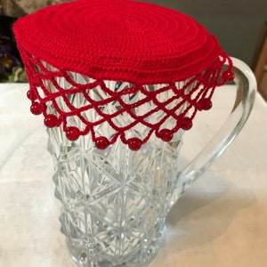 Jug Cover vintage inspired crochet, colour Bright Red, glass beaded edge