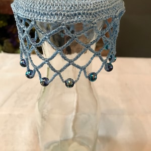 Vintage inspired crochet beaded wine carafe/jug cover colour Summer Blue