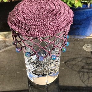Vintage inspired beaded wine carafe/jug cover/wine glass cover Comfrey