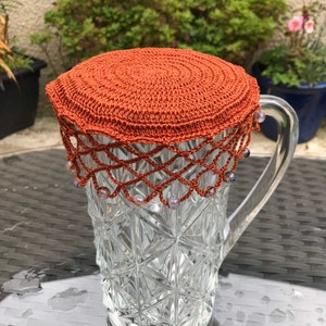 Jug Cover vintage inspired crochet, beaded edge, Colour Copper