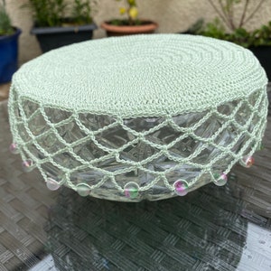 Bowl/Jug Cover Very Pale Green, vintage inspired crochet beaded edge