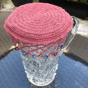 Jug Cover Colour Tea Rose, Vintage Inspired Hand Crochet Glass Beaded Edge
