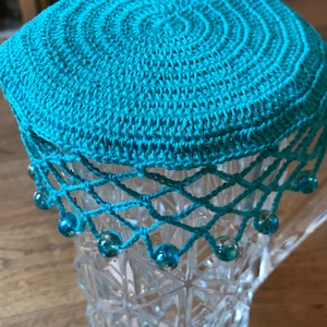 Vintage inspired crochet beaded jug cover, colour Jade