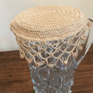 Vintage Inspired Crochet Beaded Jug Cover, Colour Beige