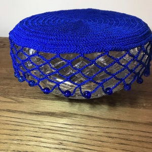 Vintage inspired crochet beaded Bowl/Jug Cover Royal Blue