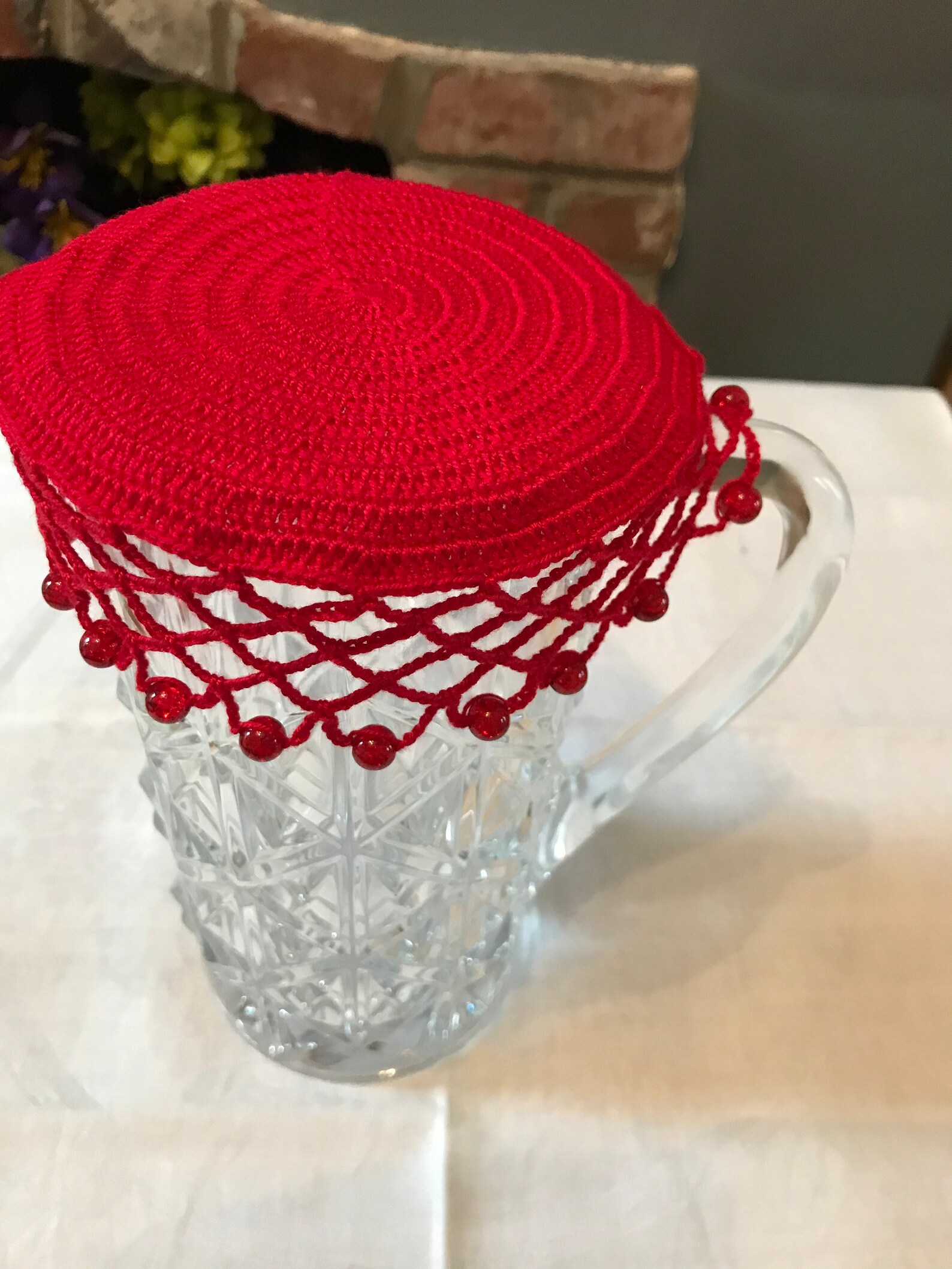 Vintage Inspired Crochet Beaded Jug Cover Colour Bright Red Etsy