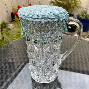 Jug Cover, Vintage Inspired Crochet, Beaded, colour Patina Grey, NEW bead colour