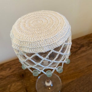 Organic Handspun Bamboo Yarn Vintage Style Beaded Crochet Water Glass Cover Natural/Pale Green Beads