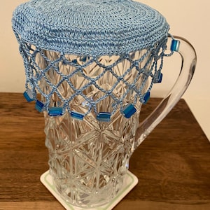 Vintage Inspired Crochet Beaded Jug Cover Colour Delft Blue, Czech beads
