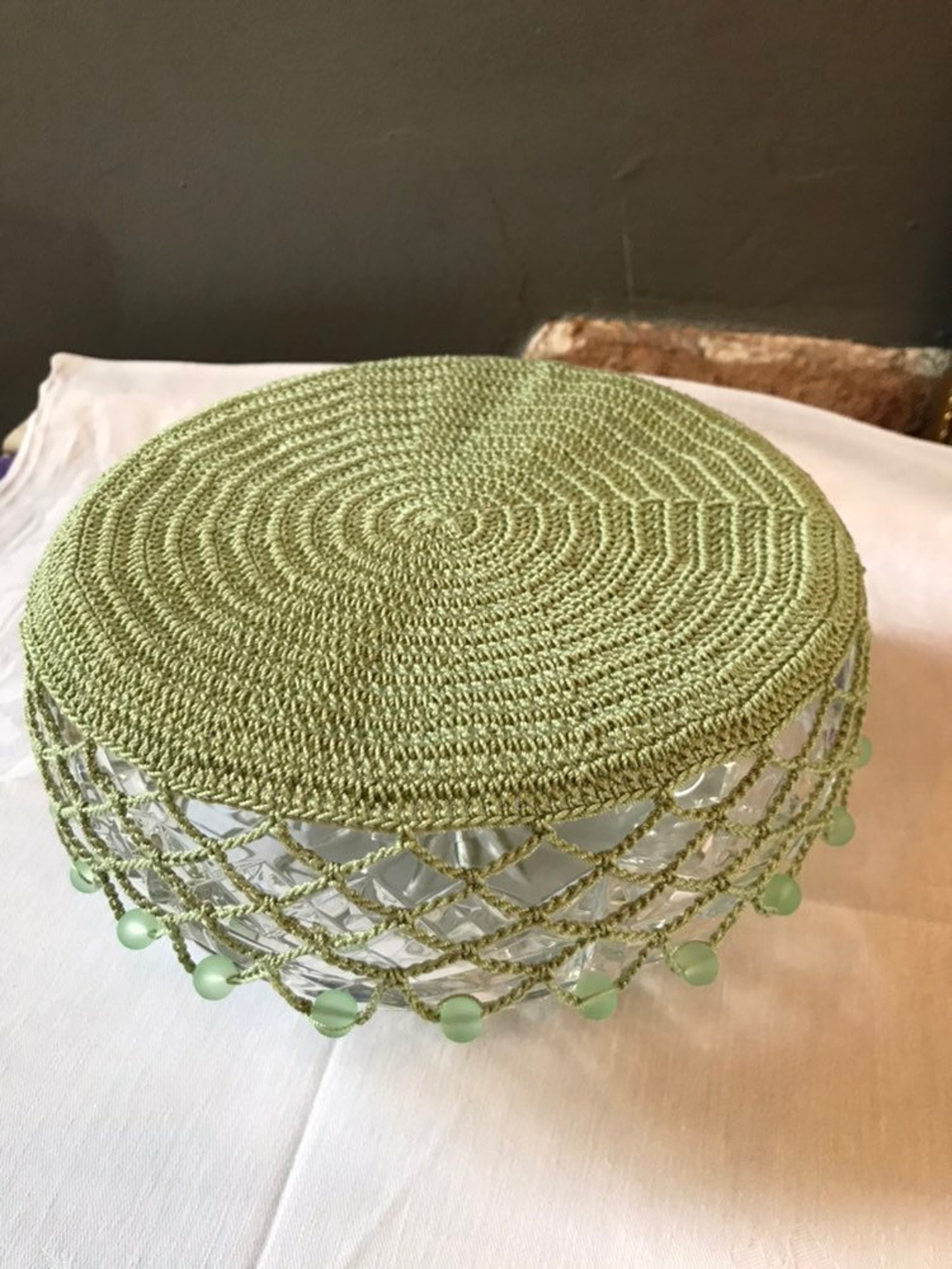 Vintage inspired crochet beaded Bowl/Jug Cover Pale Green Etsy