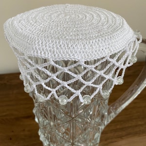 Jug Cover  vintage inspired, white crochet, toning glass beads