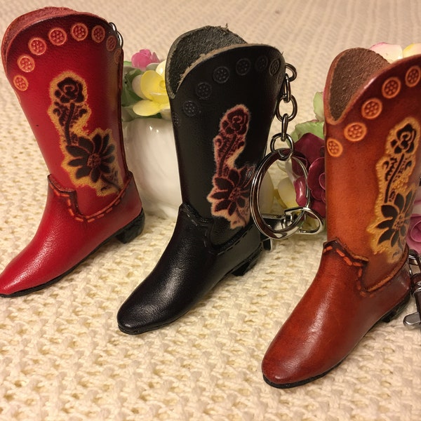 Genuine leather Bag-charms or Key-Chain, Lady's Boots shape, Lovely pattern and burgundy/Red or Brown
