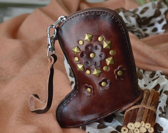 Porte-monnaie en cuir véritable, portefeuille avec bracelet, forme de botte western marron, fermeture à glissière.