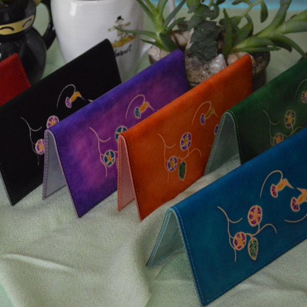 Genuine leather checkbook cover, Two Hummingbirds and Flower Embossed on Both Side, More Color