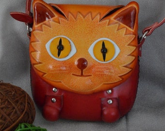Red/Brown Beauty Kitty Face cover pattern, genuine cowhide Leather cross body bag, a Lovely small Satchel .