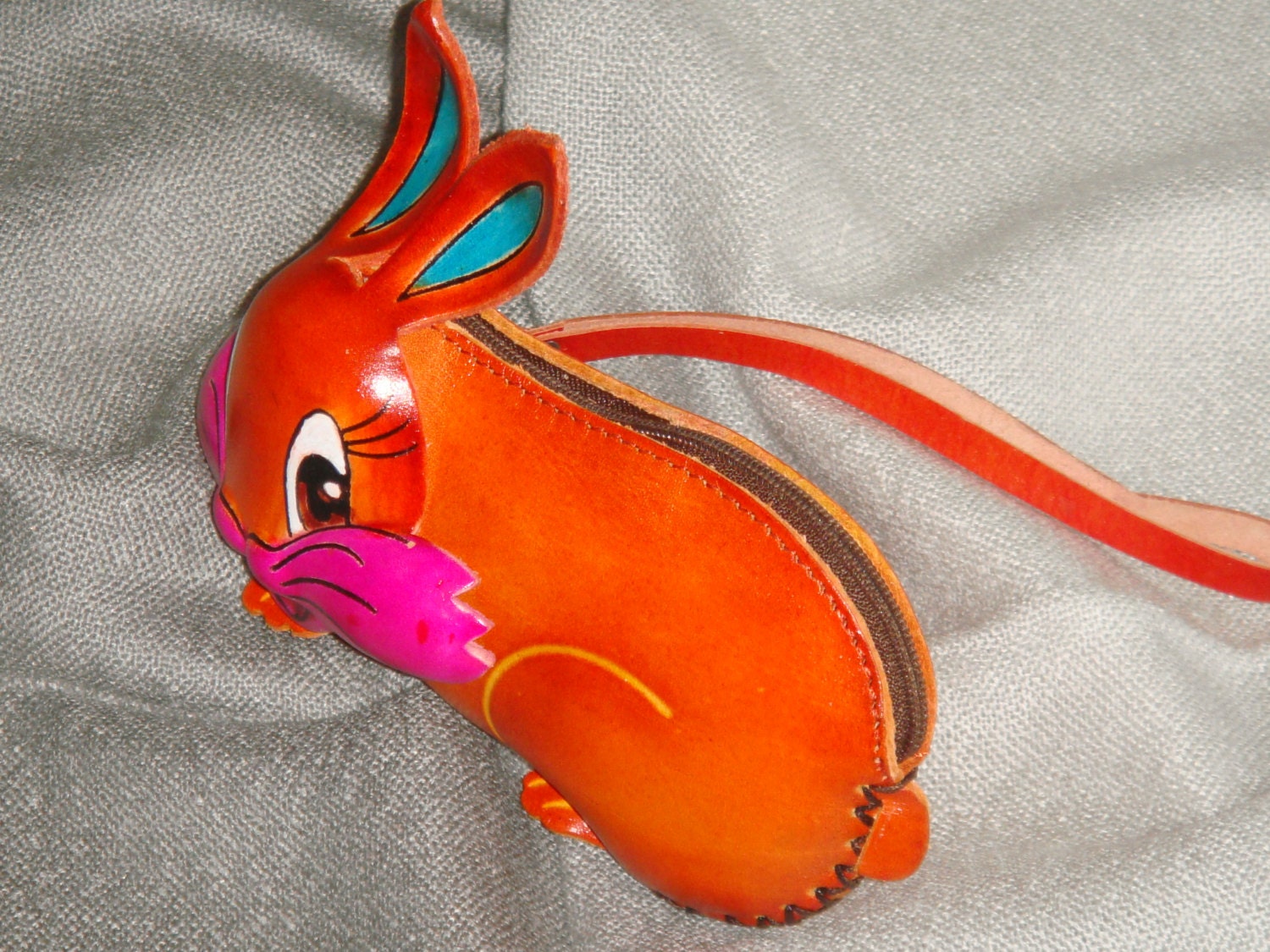 Handmade Leather Rabbit with Carrot Teal Blue Change/Coin Purse
