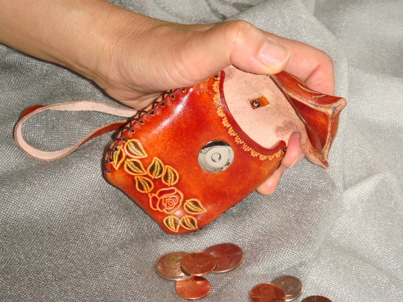 Rat Face Cover and Moving Eye Balls,Brown Genuine leather Coin Purse with wristlet Strap