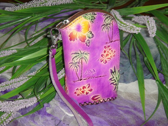Flowers /& Butterflies Embossed Purple. Change Pursewallet Genuine Leather Wristlet Cell Phone Carry