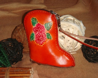Genuine leather change purse,wallet, Credit Cards Holder, a Orange-red western boot shape, zipper closure.