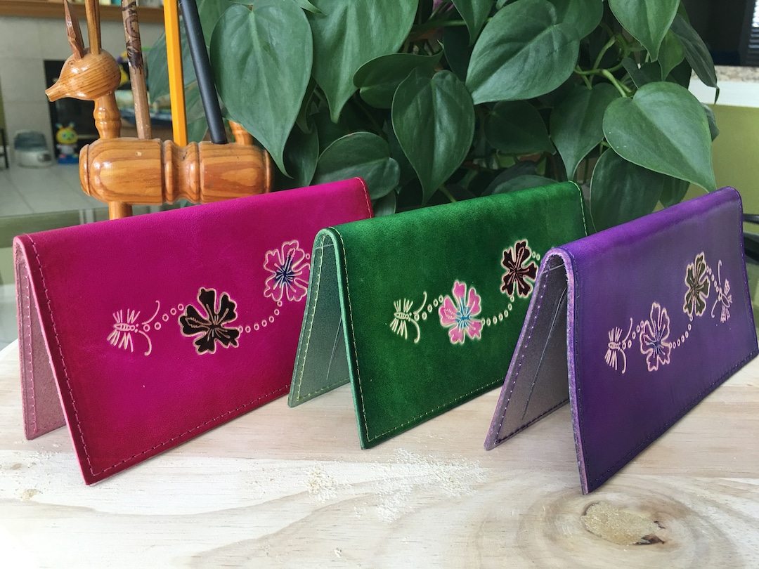 Genuine Leather Checkbook Cover, Hawaii Flowers and Bee Patterns Embossed on Both Side, More