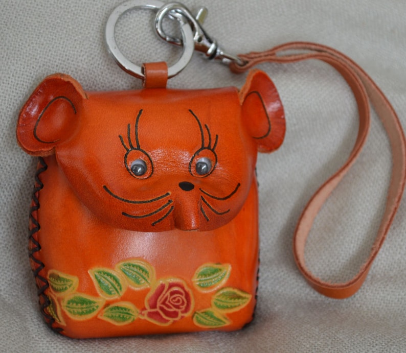 Rat Face Cover and Moving Eye Balls,Brown Genuine leather Coin Purse with wristlet Strap