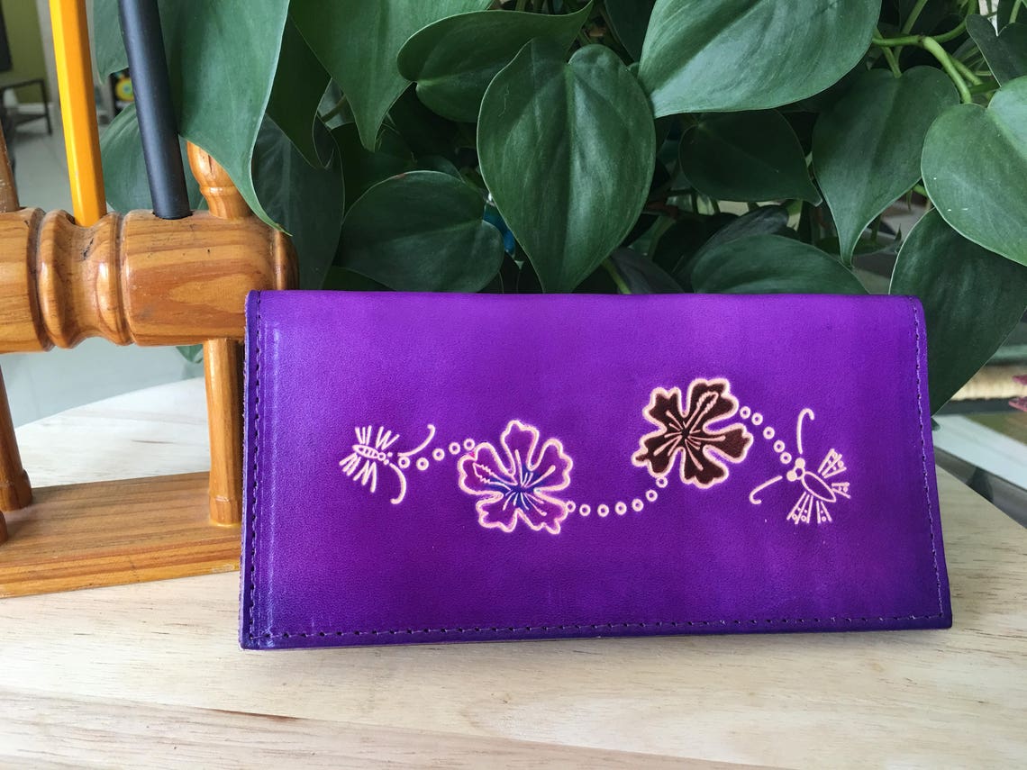 Genuine Leather Checkbook Cover Hawaii Flowers and Bee Etsy