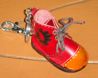 Genuine leather Key Chain/ornament/bag charm, a cute Red Boot shape, lovely pattern and a unique charm.