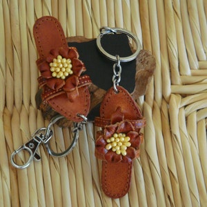 Genuine Leather Keychain/bag-charm, Lovely Flower Lady Slipper shape, Brown.