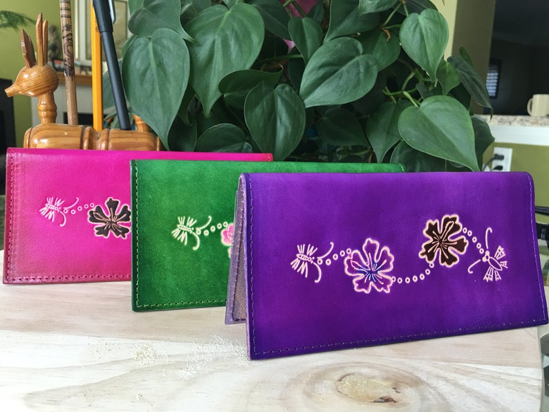 Genuine Leather Checkbook Cover Hawaii Flowers and Bee Etsy