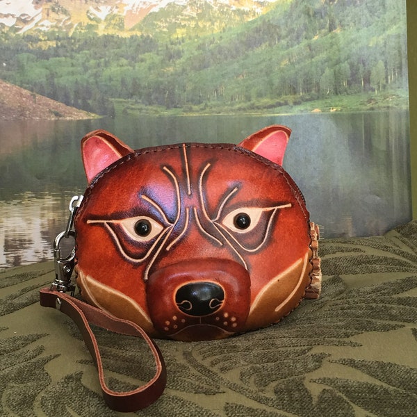 Real Leather Wristlet Coin/change Purse,Jewelry Holder,A Bulldog Face Pattern, Zipper Closure.