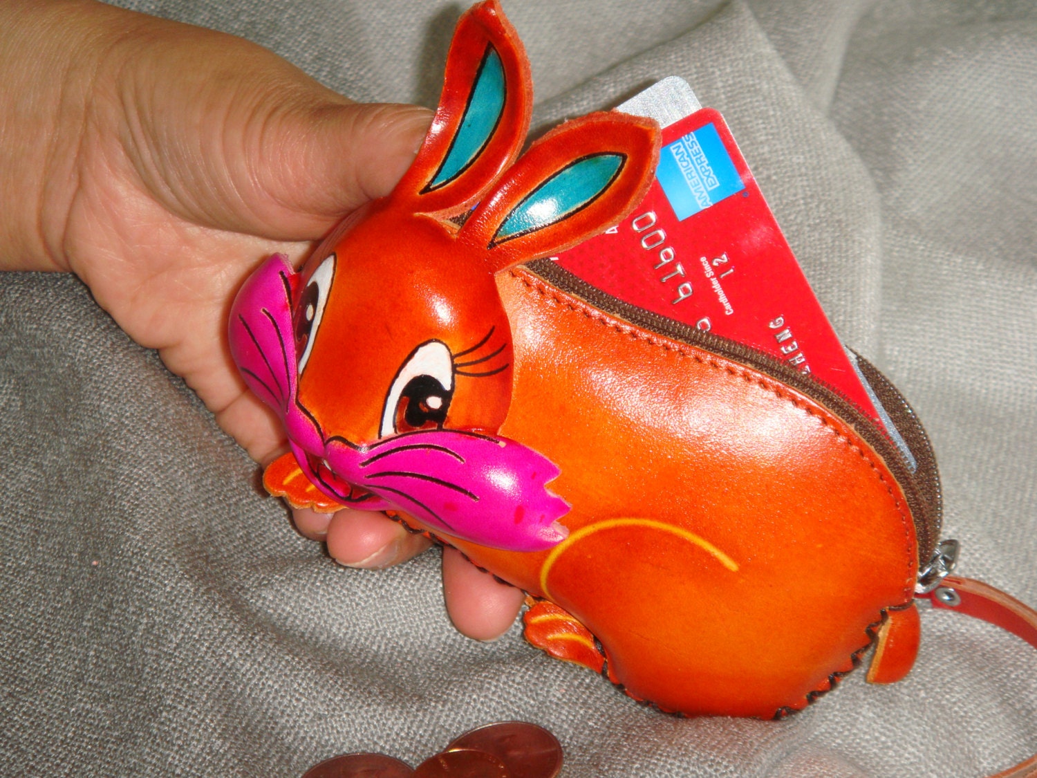 Handmade Leather Rabbit with Carrot Teal Blue Change/Coin Purse