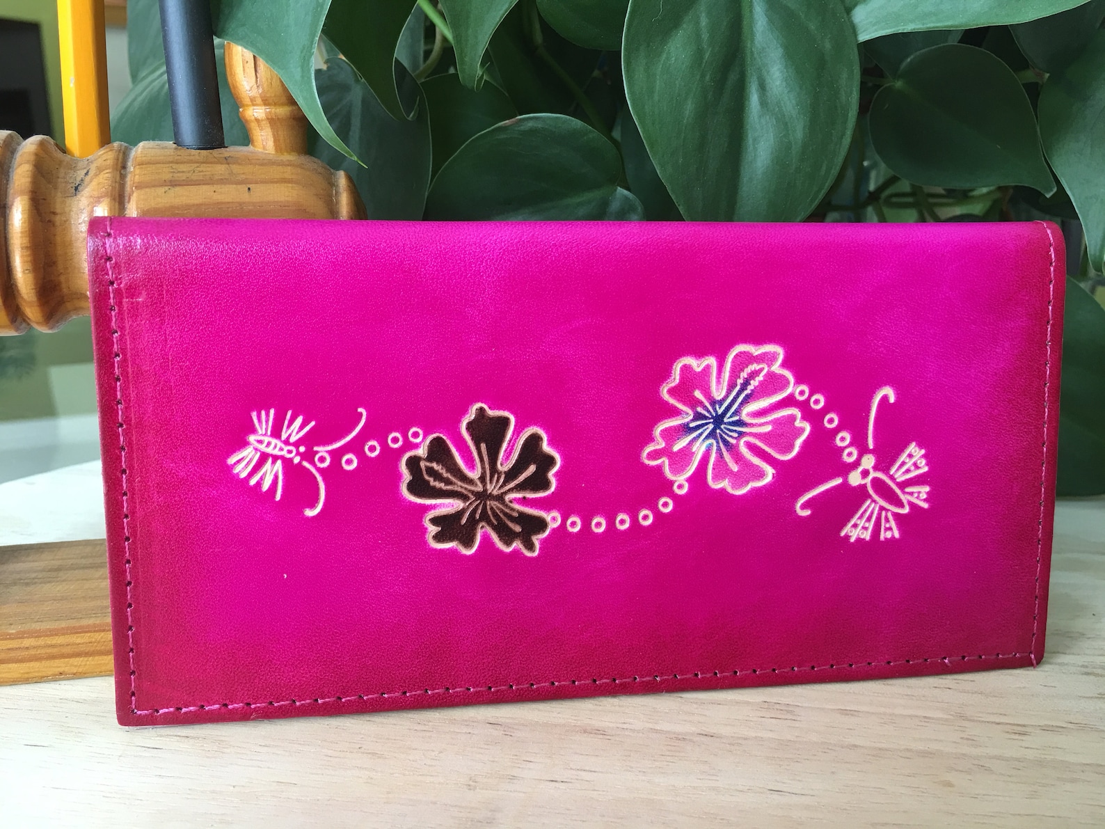 Genuine Leather Checkbook Cover Hawaii Flowers and Bee Etsy