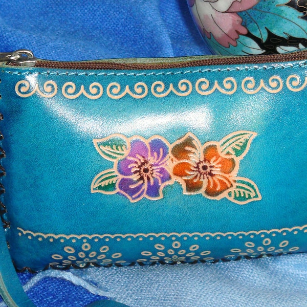 Genuine leather change Purse, wristlet wallet, rectangle,  beautiful Hawaii flowers embossed on both side. Lovely Blue.