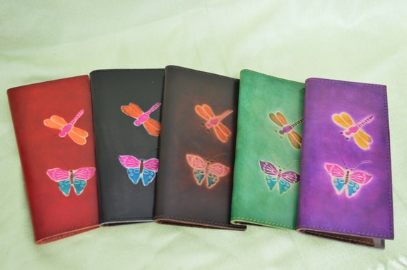 Green Real Leather Check Book Cover,Butterfly//Dragonfly Embossed on Both Side