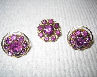 Vintage Amethyst Purple Rhinestone Earrings & Pin Brooch