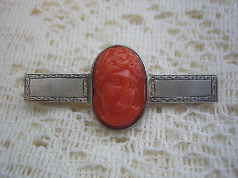 Vintage Antique Carved Red Coral Cameo Brooch