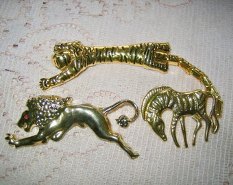 Vintage Lot of 3 Jungle Animals Zebra Lion Sholder Tiger Brooch