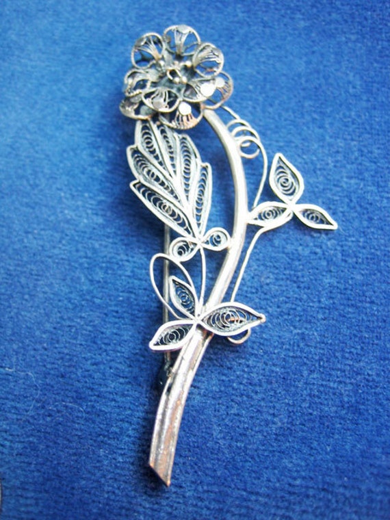 Vtg. 800 Silver Large Filagree Flower Brooch 1940s - image 2