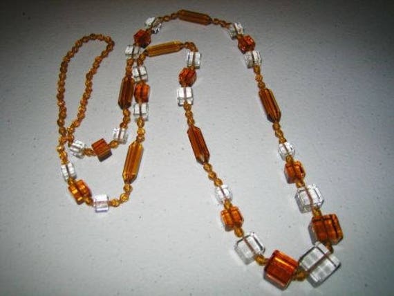 Vintage 40" Square & Rectangular Beaded Amber Cry