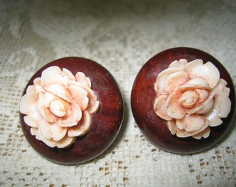 Carved Celluloid Flower on Wood Earrings Vintage 40s