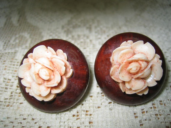 Carved Celluloid Flower on Wood Earrings Vintage … - image 1
