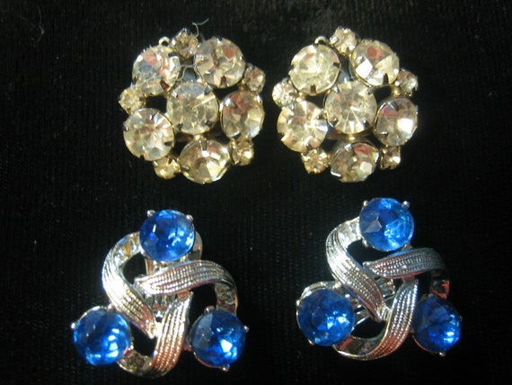 Vintage 2 Pair Rhinestone Earrings Clear & Blue C… - image 4