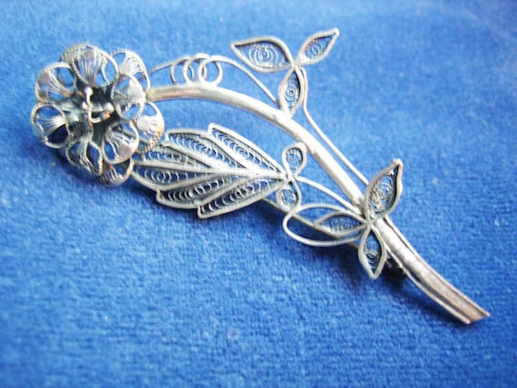 Vtg. 800 Silver Large Filagree Flower Brooch 1940s - image 1